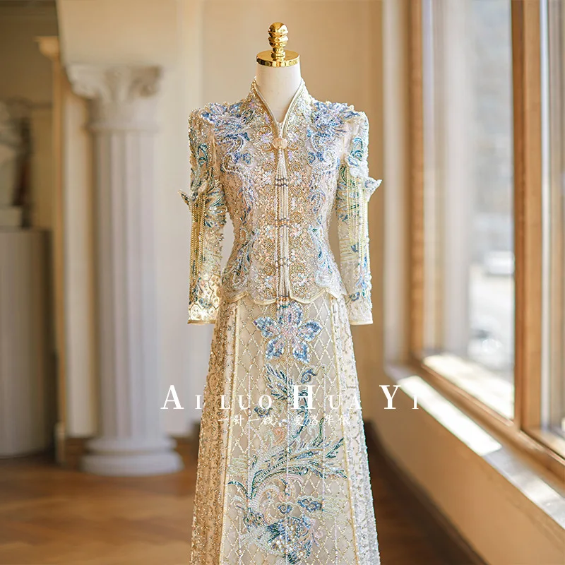 Champagne Xiuhe Clothing Chinese Traditional Style Mandarin Wedding Dress Gold Ancient Bridal Hanfu Sets for Women
