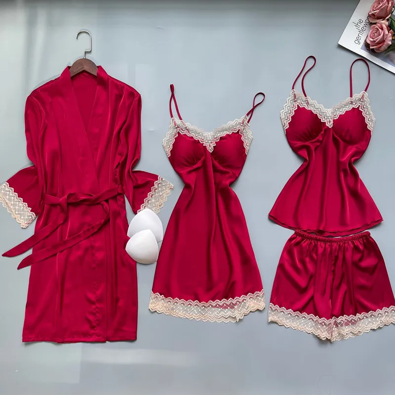 Sexy Red Satin Lace Nightwear Edge Spaghetti Tops Short Pants Pajamas Women 4 Piece Sleepwear Home Clothing