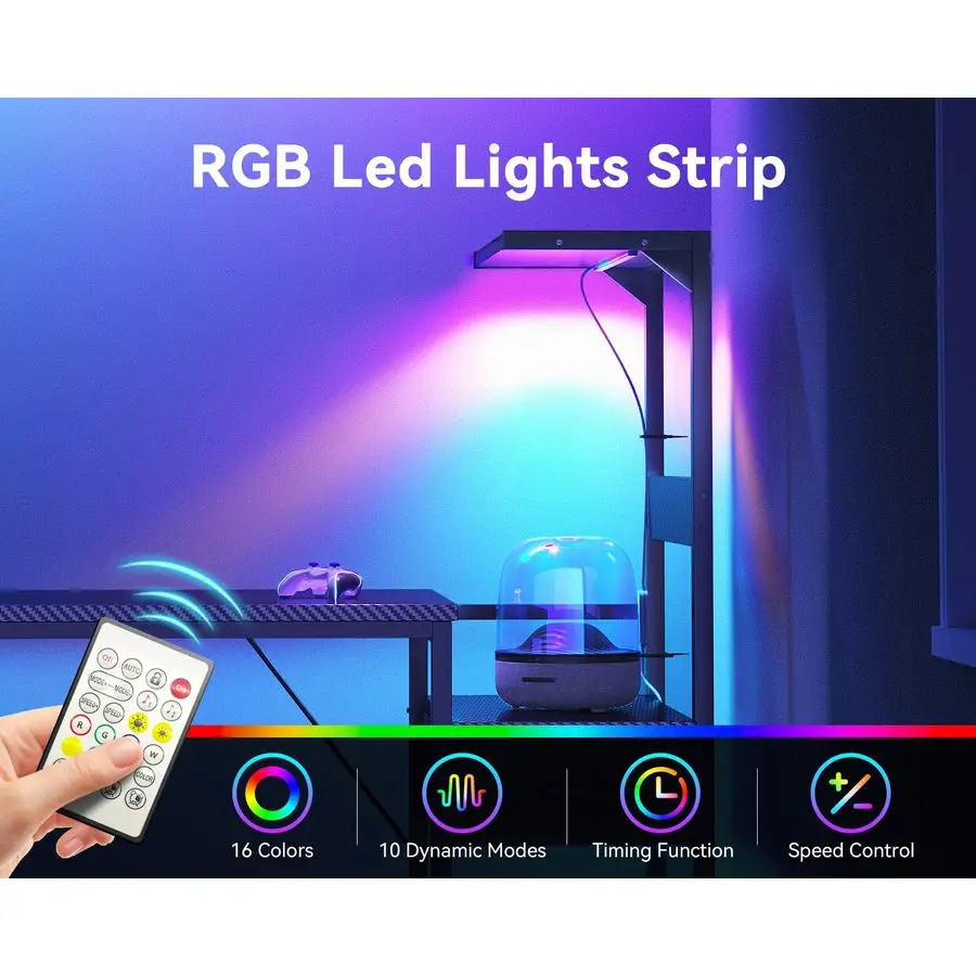 Mesa de Jogos de 48 Polegadas com Armazenamento e Luzes LED, Mesa de Computador Reversível com Prateleiras e Gaveta de Tecido, Gamer Moderno