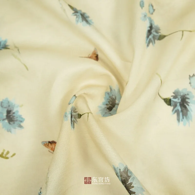 Beige Base Blue Floral Butterfly Lyocell Cotton Clothing Fabric Spring and Summer Shirt Dress Hanfu DIY Micro Transparent Fabric