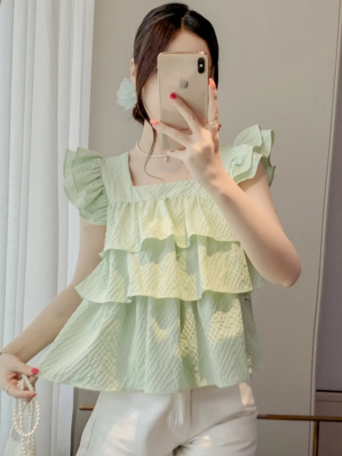 

Мятный шифоновый топ с кружевной отделкой и коротким рукавом, женский летний, с текстурой, пышный, свободного кроя, с квадратным вырезом