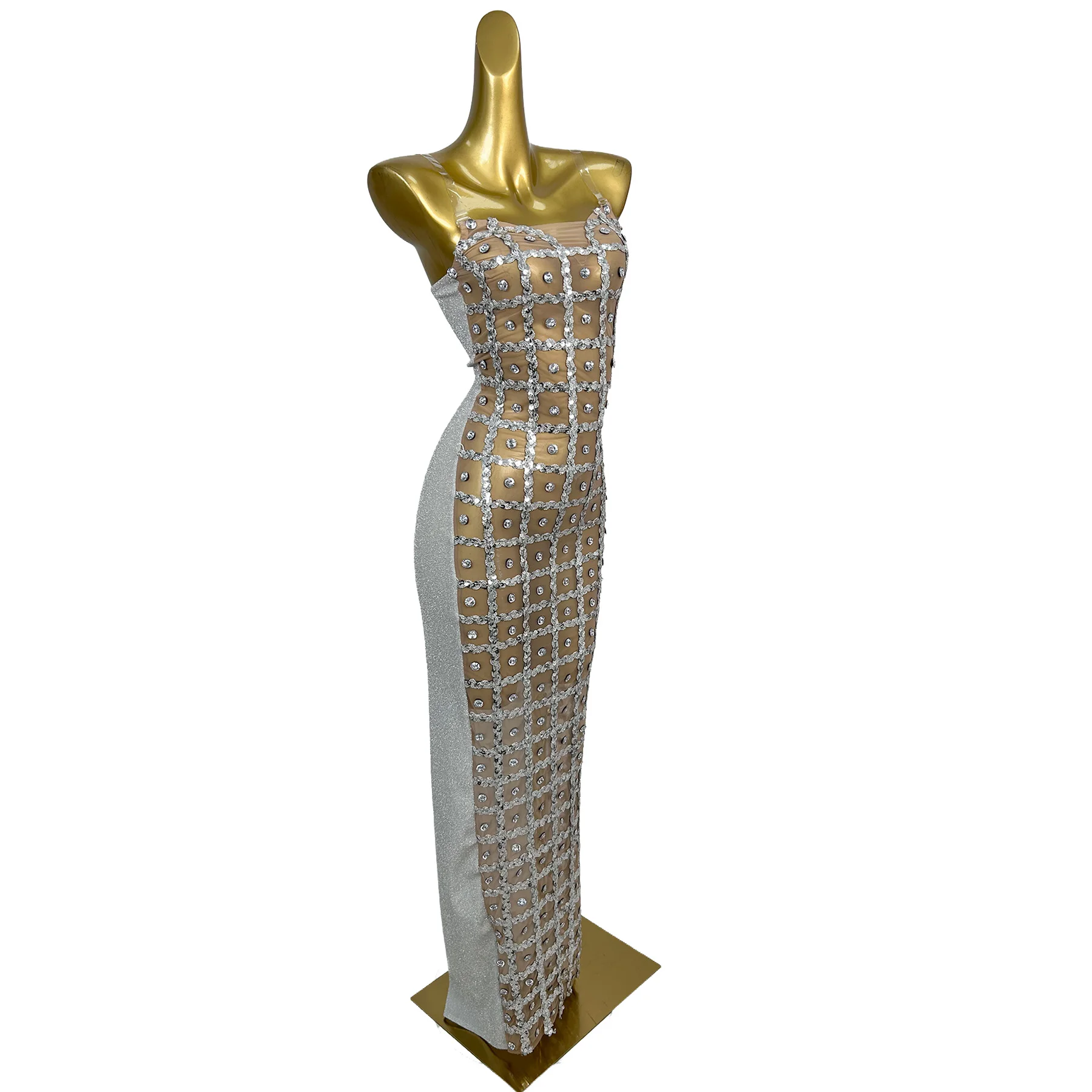 Jiumeng Nude Rhinestone Grid Mermaid Gown with Brown Feather Sleeves for Stage Performance Evening Party Prom Events