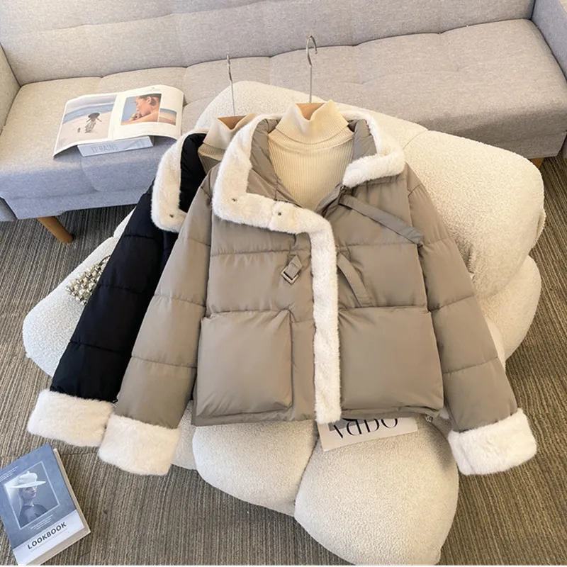 Women's Down Cotton Jacket 2026 Winter Fashion Splicing Female Coats Versatile Lamb Wool Elegant Ladies Clothes Cotton Outwear