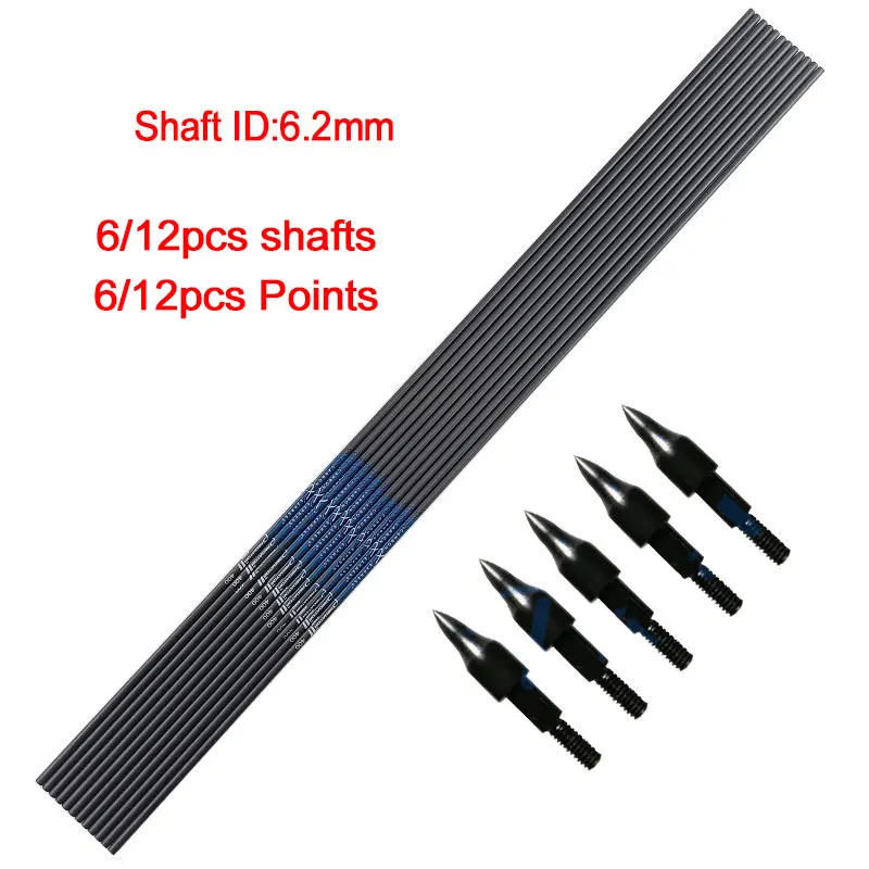 6/12PCS DIY Carbon Arrow Shaftes ID6.2mm Spine300-800 Length 30/32inch Arrow Points100gr for Compound Recurve Longbow Hunting