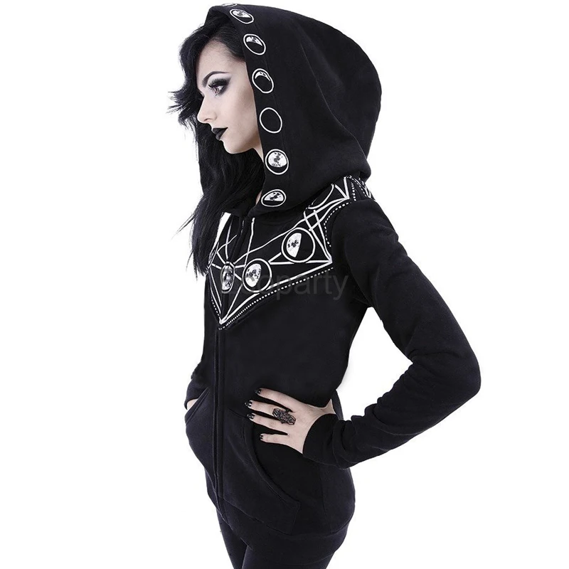 New Gothic Hoodies For Women Punk Hooded Sweatshirts Y2k Black Sun Printed Long Sleeve Zipper Hoodie Pullover Streetwear Female