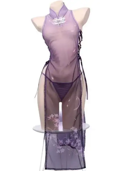 Sexy Lingerie Paars Cheongsam Band Transparant Mesh Gepassioneerde Jurk Elegante Mesh Kant Zoete Vrouwen Mode Jurken Sheer 0PYI