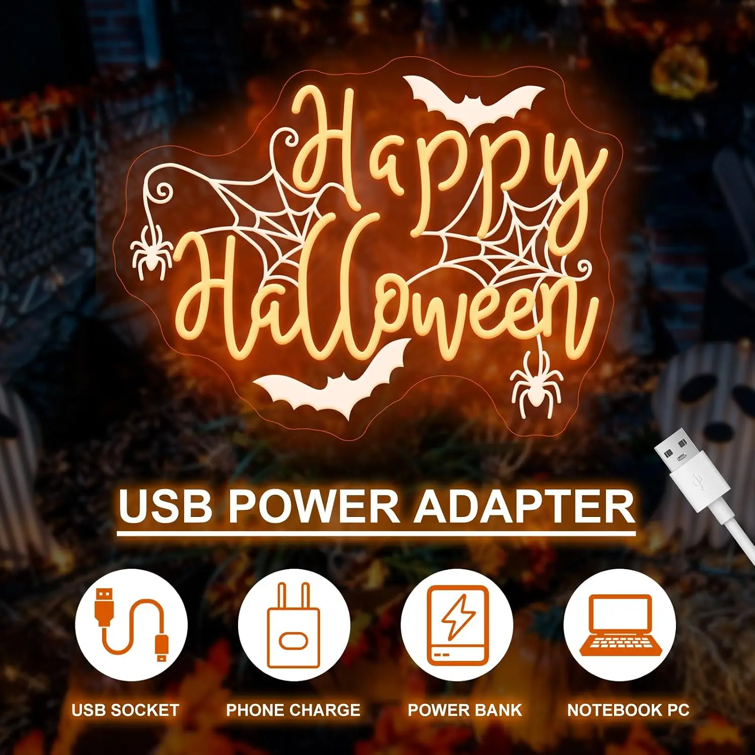 Happy Halloween Neon Sign USB Powered LED Neon Light Halloween Party Gothic Bedroom Gaming Room Bar Window Home Decoration Gift