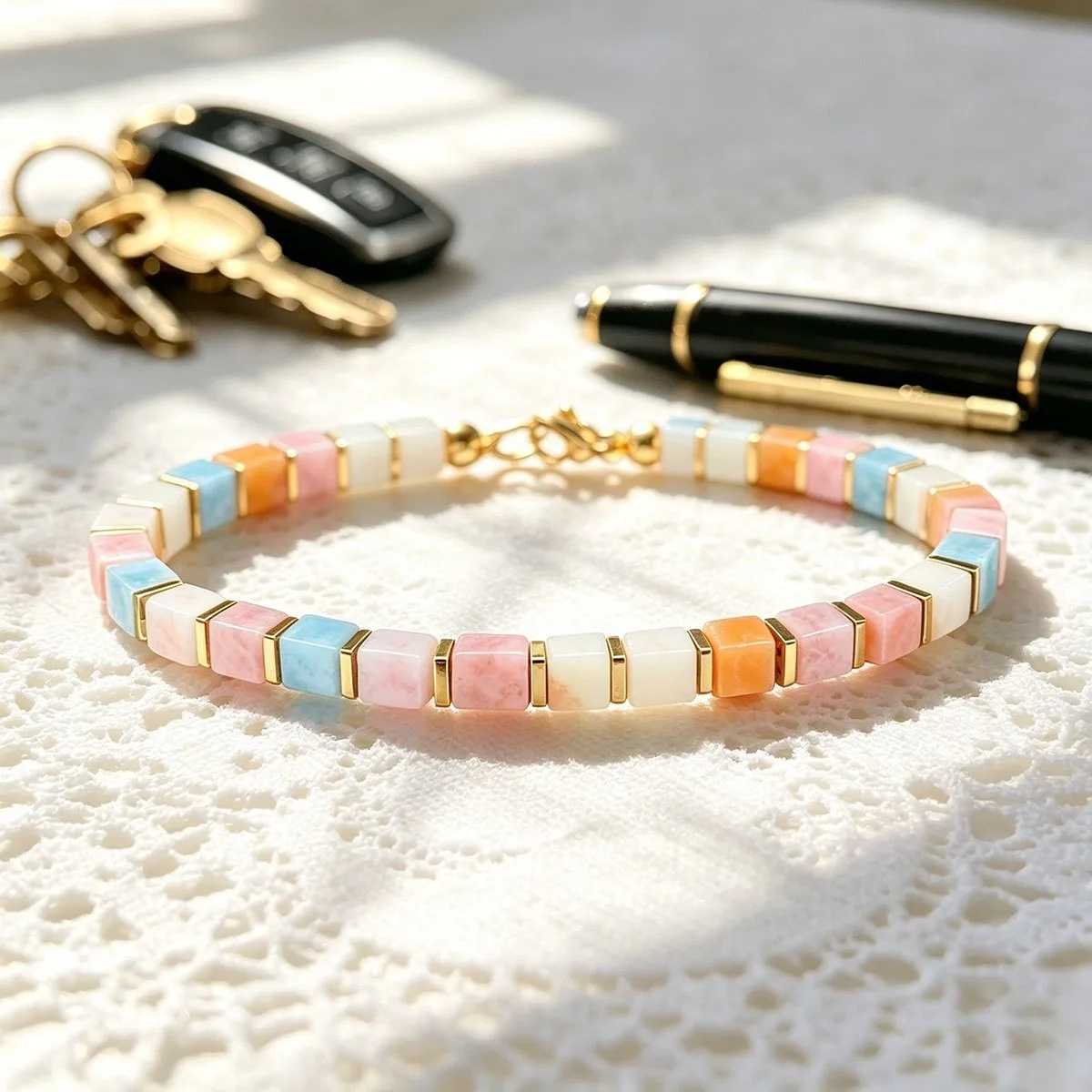 Cute Style Morganite Square Beaded Good Luck Bracelet, Attracts Happiness and Opportunities, Handmade Natural Stone Skin-Friendly Jewelry, Suitable for Daily Wear and Gift-Giving