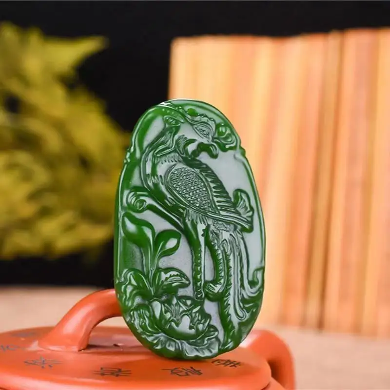 

Natural Green Hand Carved Phoenix Jade Pendant Fashion Jewelry Men's and Women's Peony Phoenix Necklace