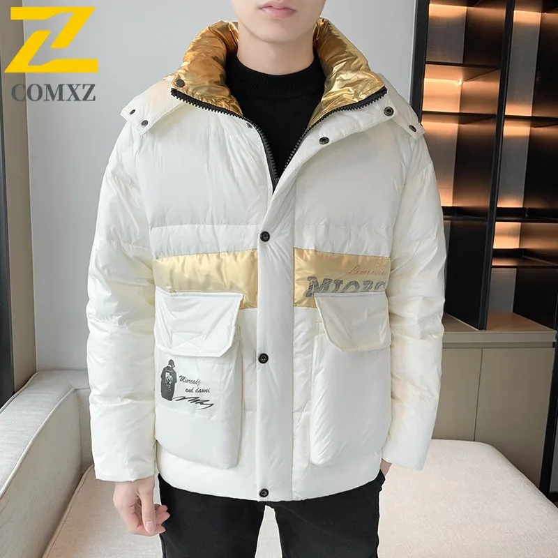 COMXZ Men Winter Jacket Korean Fashion Warm Fashion Lightweight Skiing Puffer Jacket Snowy Windproof Cold-Resistant Down Jacket