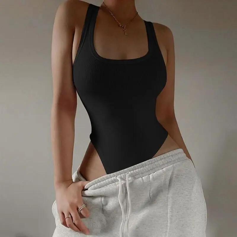 Simple U-Neck Sleeveless Knit Bodysuit Hot Summer Sexy Bodycon Off Shoulder Halter Tops Casual Street Bodice for Women Clubwear