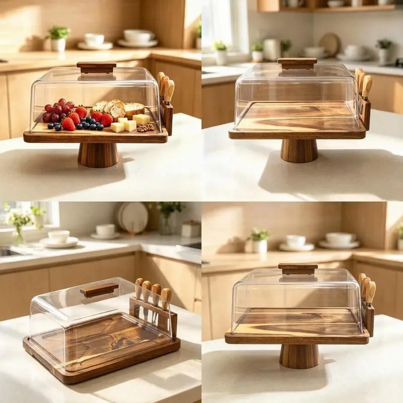 Wooden Cake Stand with Acrylic Dust Cover and Knife Set Solid Wood Tray for Fruit Snacks Dessert Display Serving Platter