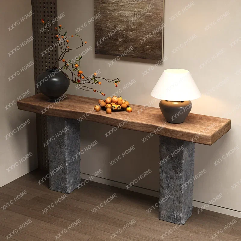 NAesthetic medieval style solid wood entrance imitation stone end view table modern simple narrow table narrow edge high sense