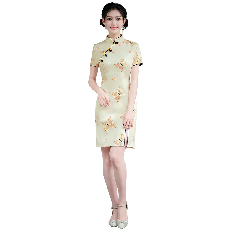 2023 Spring Short Elegant Daily Apricot Cheongsam Young Girls Photograph Improved Chinese Style Evening Qipao Dress for Women