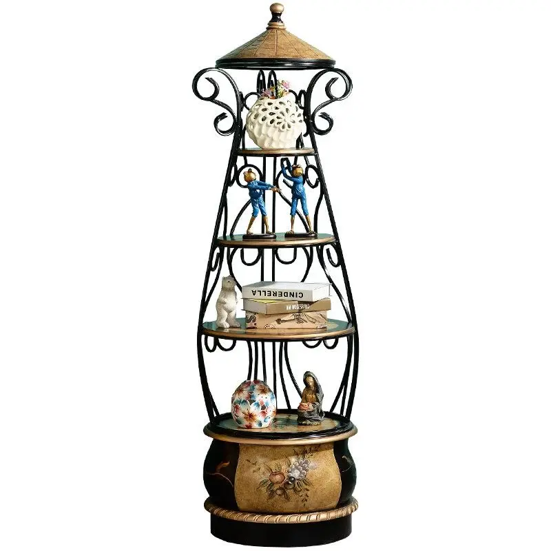 

American wrought iron shelf Solid wood storage rack Living room decoration Balcony Bedroom storage Hand painted