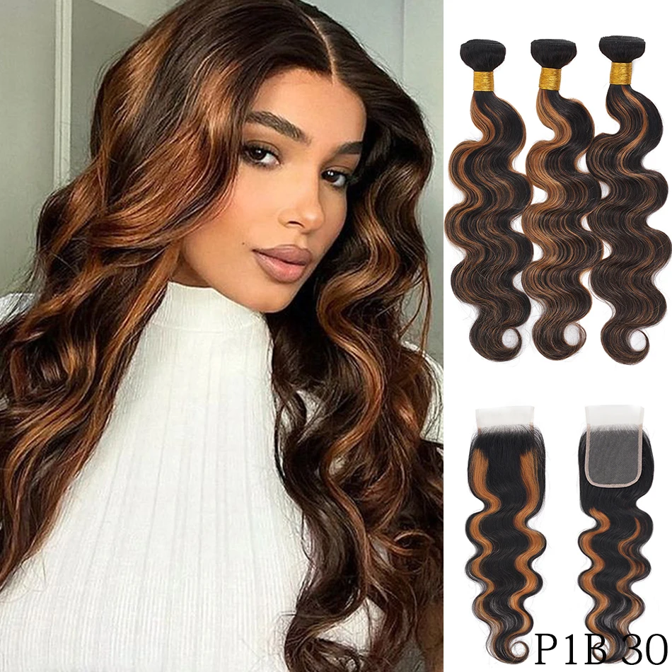 100% شعر بشري لعذراء البورمية الجسم موجة 2/3 حزم مع الدانتيل إغلاق البيانو تسليط الضوء على أومبير الجسم موجة مع 4x4 HD الدانتيل إغلاق