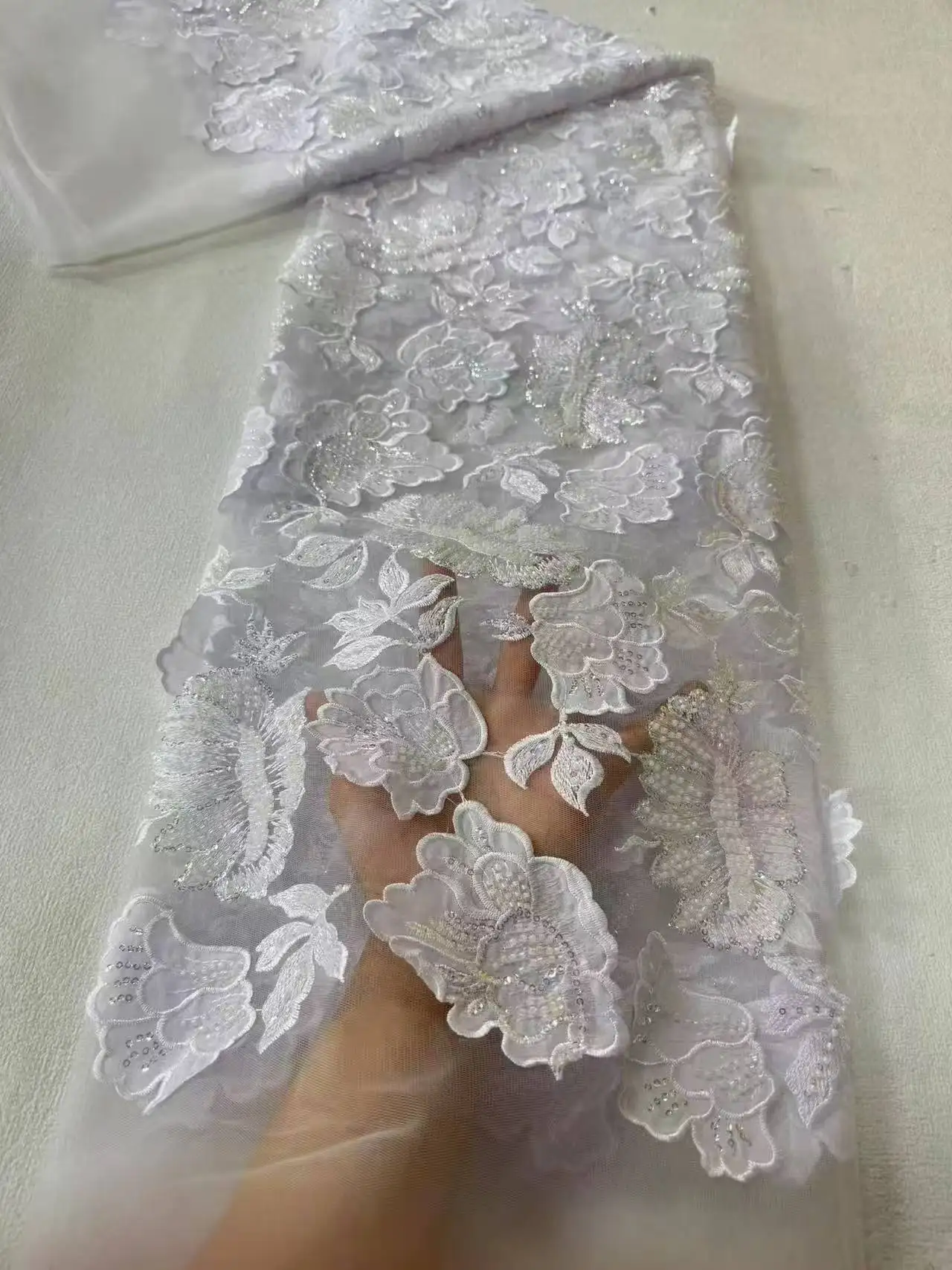 

Luxury Fabrics High Quality Bead White Fabrics Embroidered French Lace Fabrics Quality 2025 Wedding Dress For Woman Dress W715-1