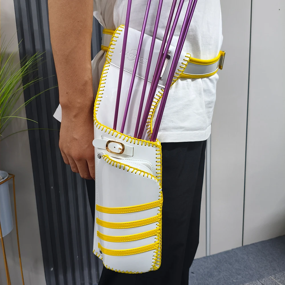 Kabura na strzały łucznicze, proces dziania, regulowana na lewo/prawo, trwała skórzana torba do zawieszenia na pasie, do łuków klasycznych i bloczkowych, do polowania.