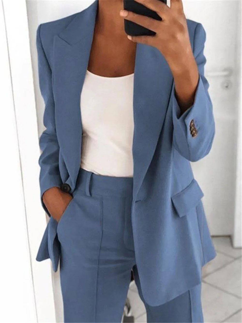 Women\'s Suit Set Solid Color Button Suit Jacket&zippered Pants Two-Piece Set for Spring and Autumn 2024