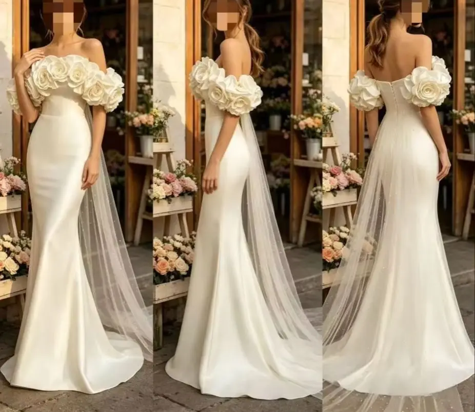 Customized Popular Smooth Satin Off Shoulder Slim Fit Mermaid Wedding Dress 2026 Elegant Floral Chiffon Trailing Bridal Gown