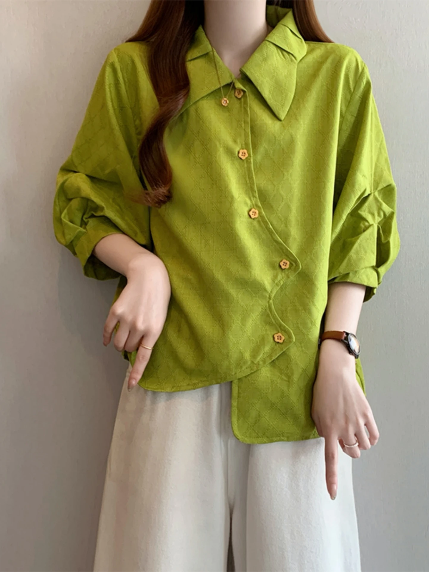 

Puffy Sleeve Half Sleeve Base Shirt Women Summer 2026 plus Size Conceal Belly Design Sense Top Korean Style Commute Wind