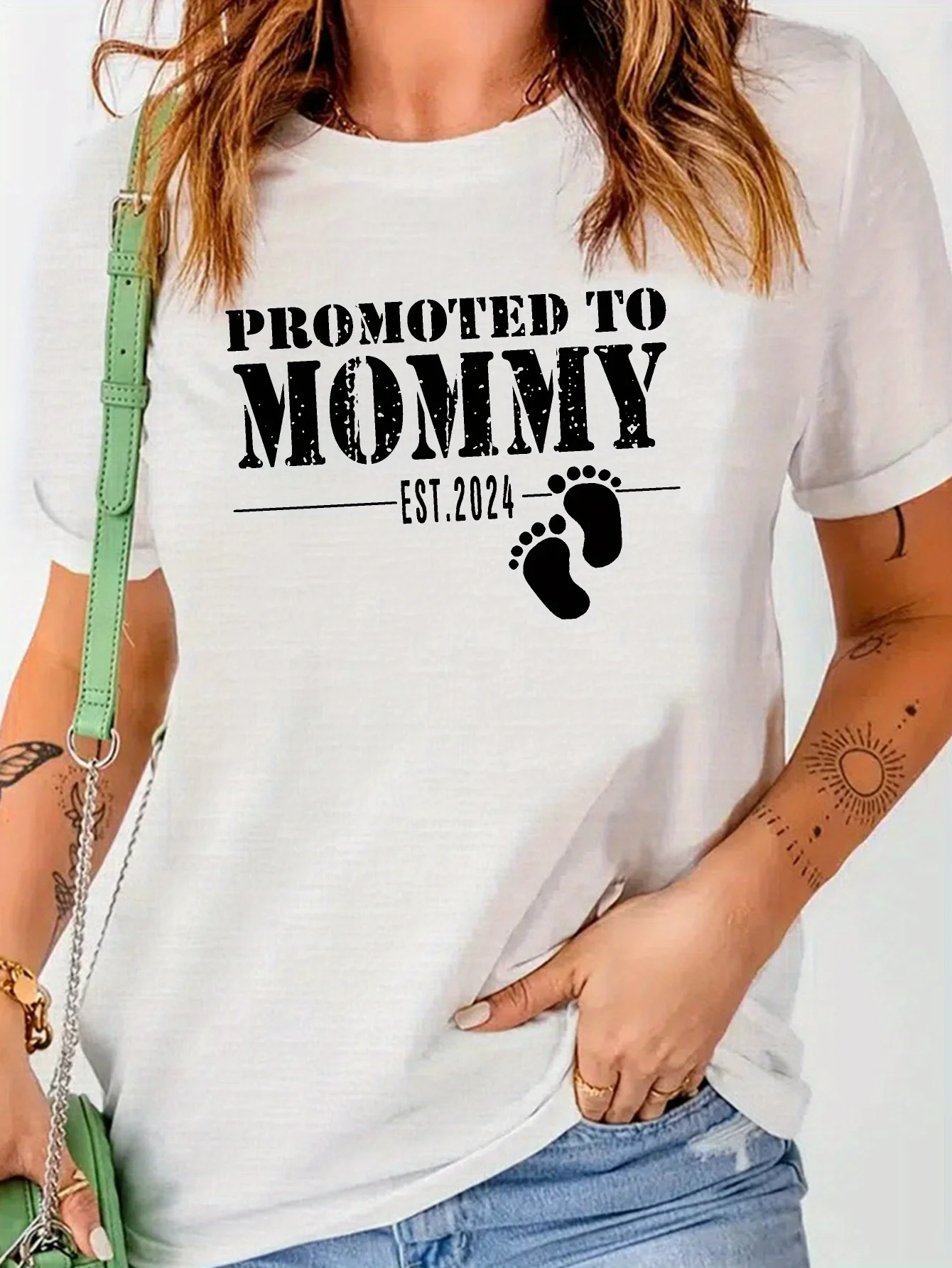 Promoted To Mommy Print T-Shirt Casual Crew Neck Short Sleeve Tees For Spring  Summer Women's Clothing