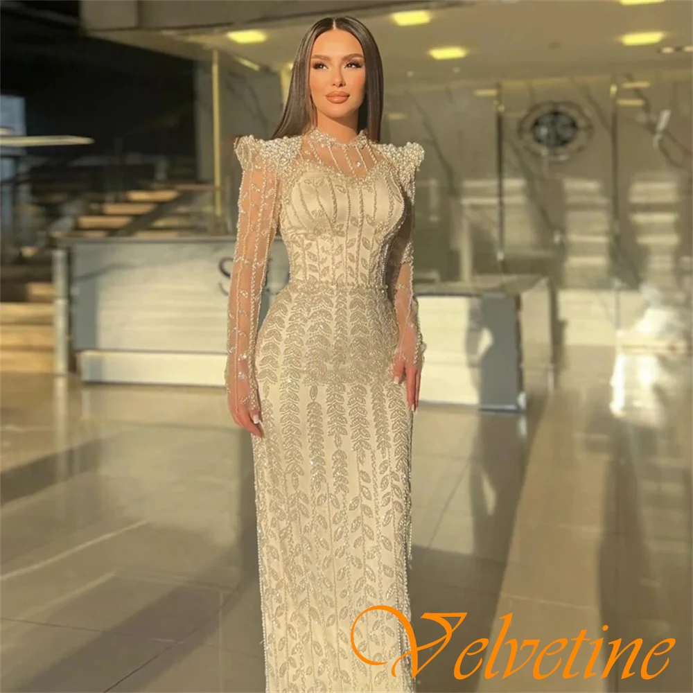 Customized Delicate Satin High Collar Evening Dress Exquisite Long Sleeves Prom Dresses Delicate Crystal Special Occasion Gowns image 6