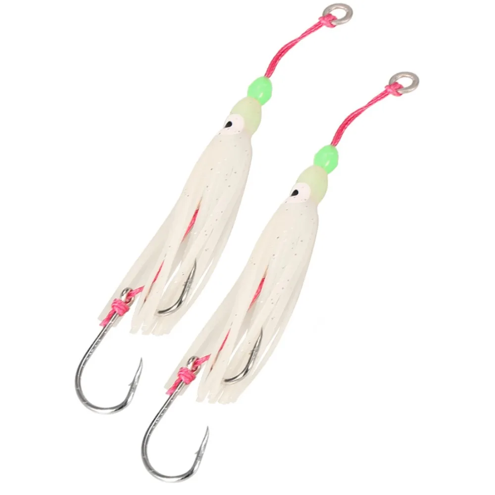 2pcs 6cm/10cm/12cm Squid Skirt Lure Double Barbed Hook Soft Lures Squid Snapper Jig Hook Silicone Luminous Beads