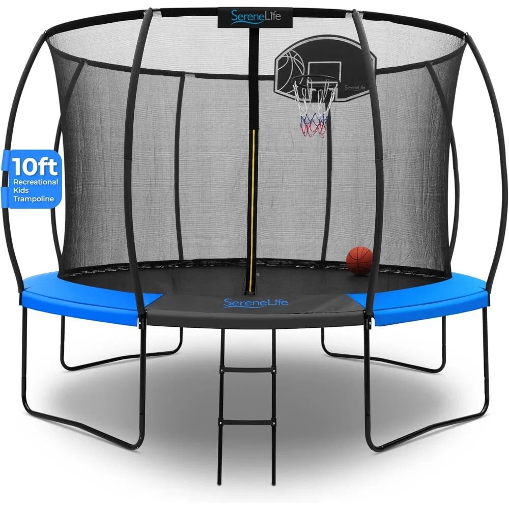 

10 FT Outdoor Recreational Backyard Heavy Duty Trampoline with Safety Enclosure Net, Basketball Hoop, Ball, Ladder, Blue