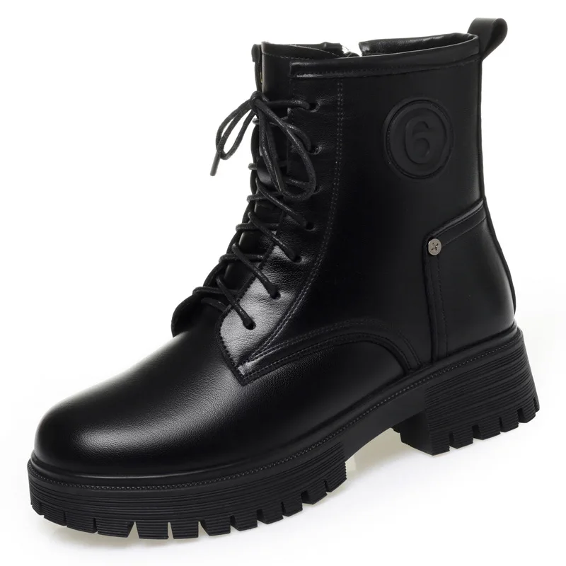 

4cm Comfortable All Match Square Heels Platform Shoes Soft Leather Boots Winter 2025 Elegant Warm Fur Ankle Motorcycle Boots Mom