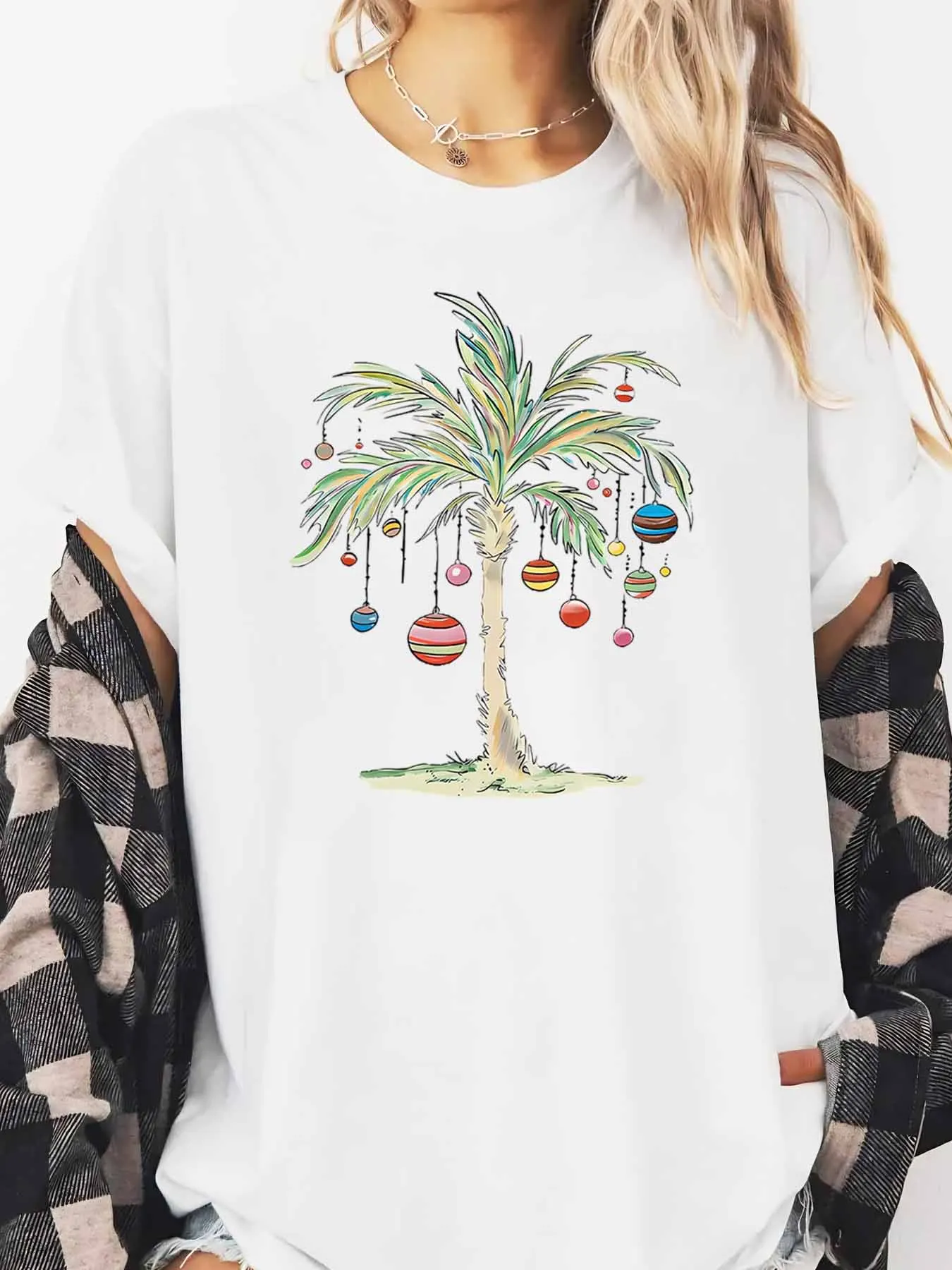 شجرة النخيل عيد الميلاد الحلي طباعة عطلة تي شيرت المرأة لباس غير رسمي أبيض حجم كبير #1