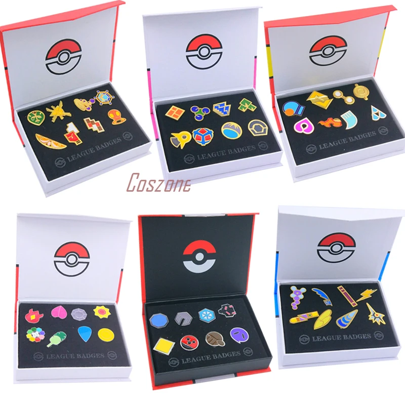 Poke Gym insignias Kanto Johto Hoenn Sinnoh Unova Kalos Liga región pines broches caja de islas naranjas colección regalo de Navidad