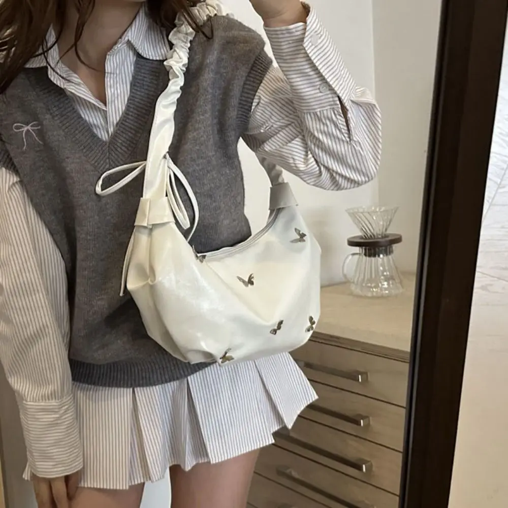 Retro Korean Style Butterfly Tote Bag Pleated Strap Handbag PU Shoulder Bag Solid Color Minority Design Dumplings Bag Travel