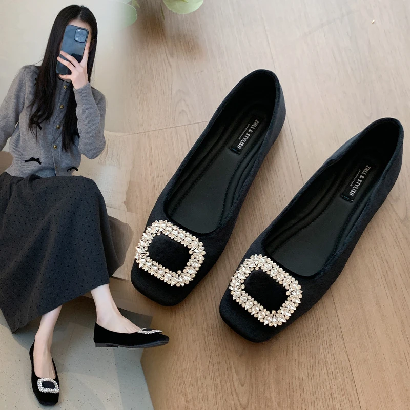 

Womens Black Suede Square Toe Ballet Flats With Rhinestone Square Buckle Elegant Slip On Office Work Daily Party Shoes Fashion