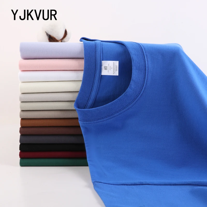 YJKVUR 2024 Summer New 230g 100% Cotton Fabric T-shirt Men High Quality Solid Color Drop Short Sleeve Loose Tshirt Oversize Tops