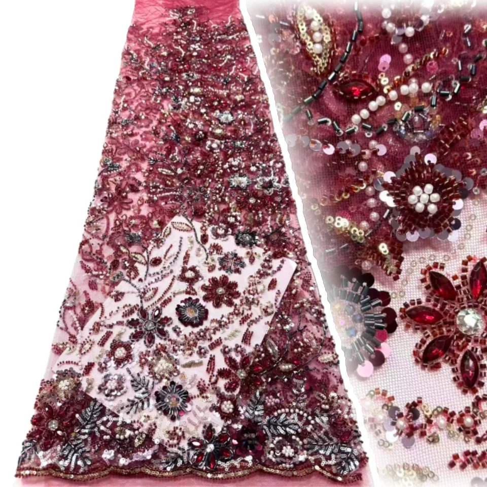 

Красная роскошная африканская тяжелая ткань с бисером, высококачественная нигерийская тюль, кружевная ткань с блестками, свадебное платье, ткань Haute Couture 2076