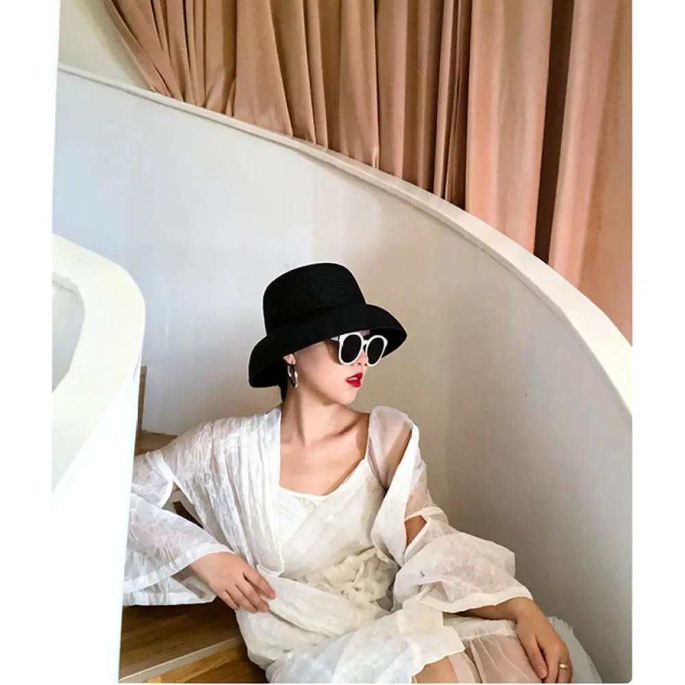 Women Wide Brim Straw Hat Retro Hepburn Style Sun Protection Cap Summer Beach Foldable Breathable Elegant Sunshade Bonnet