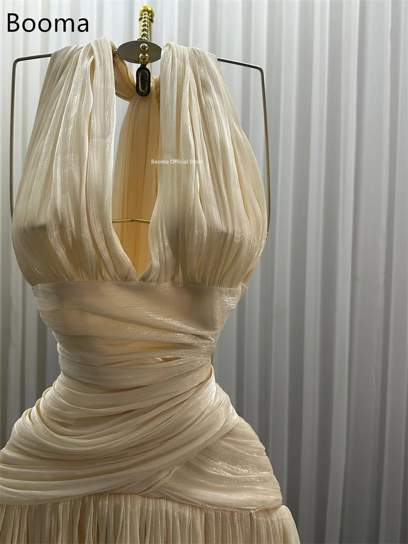 Booma a-line مطوي على شكل حرف v لامعة للنساء للحفلات الراقصة فساتين رسمية للنساء بدون أكمام فستان سهرة أنيق مخصص 2025