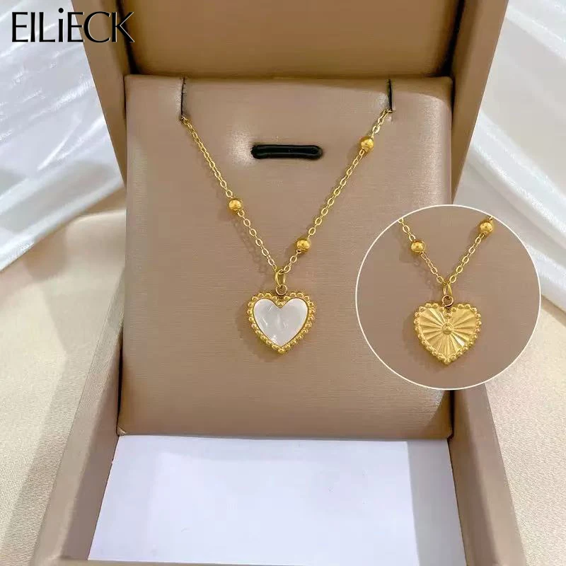 EILIECK 316l Stainless Steel Double Sided Heart Love Pendant Necklace Romantic Neck Chain Charm Textured Jewelry for Women Gift