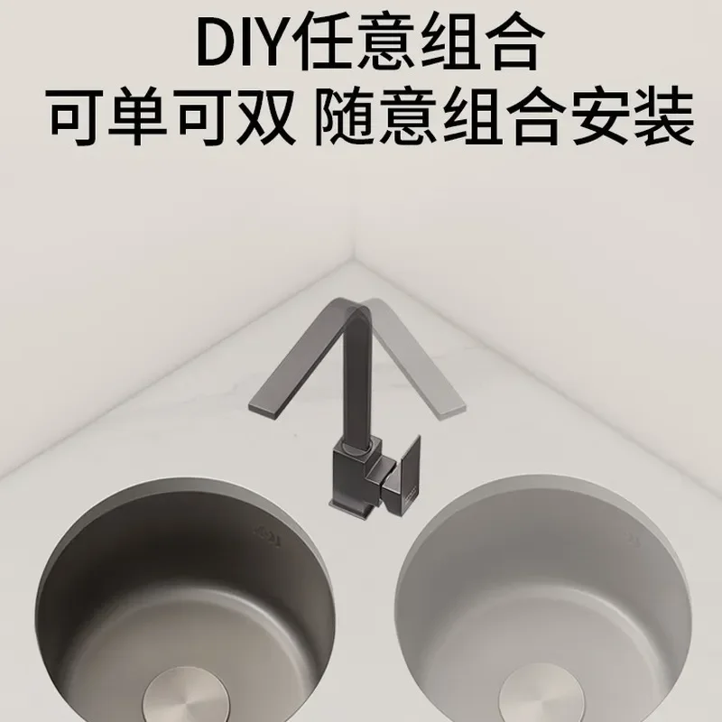 Round Single Sink 304 Stainless Steel Small Bar Balcony Kitchen Vegetable Basin Undercounter Dishwasher