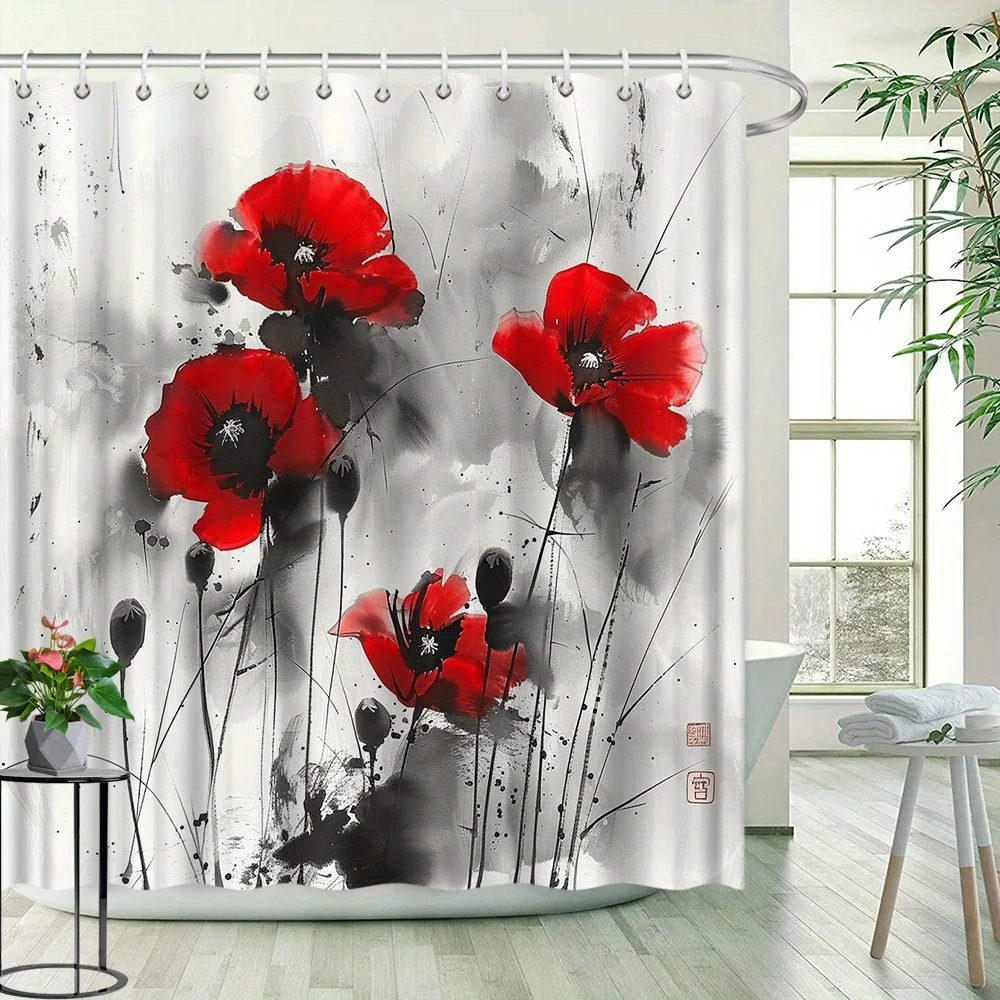 1pc Floral Shower Curtain Red Poppy Pattern Ink Watercolor Style Bathroom Decoration Polyester Fabric Contains 12 Hooks
