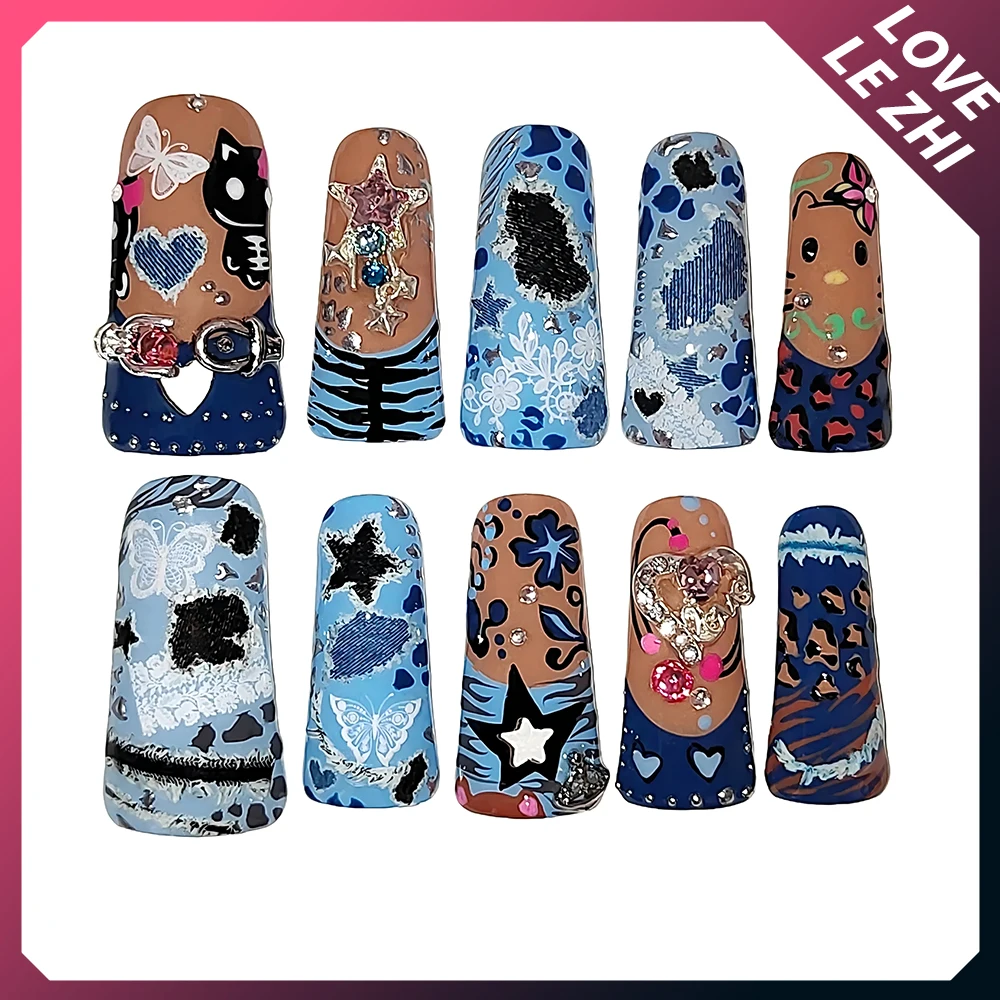 

Sanrioed Hello Kittys Hawaiian Ocean Handmade Press On Nails Zebra-Stripe Design Duck Bill Full Cover Wearable Fake Nails