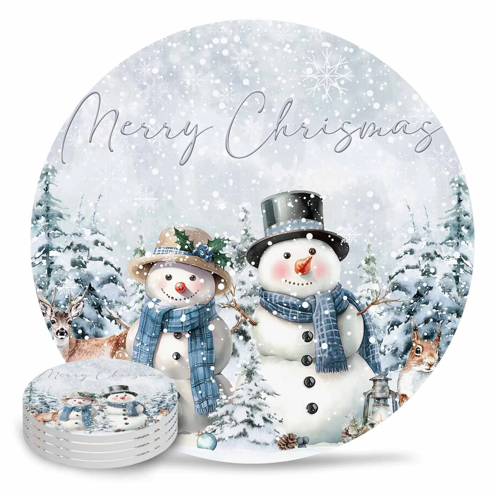 Snowman Christmas Tree Elk Squirrel Ceramic Coaster Set Kitchen Table Round Placemat Luxury Decor Coffee Tea Cup Coasters