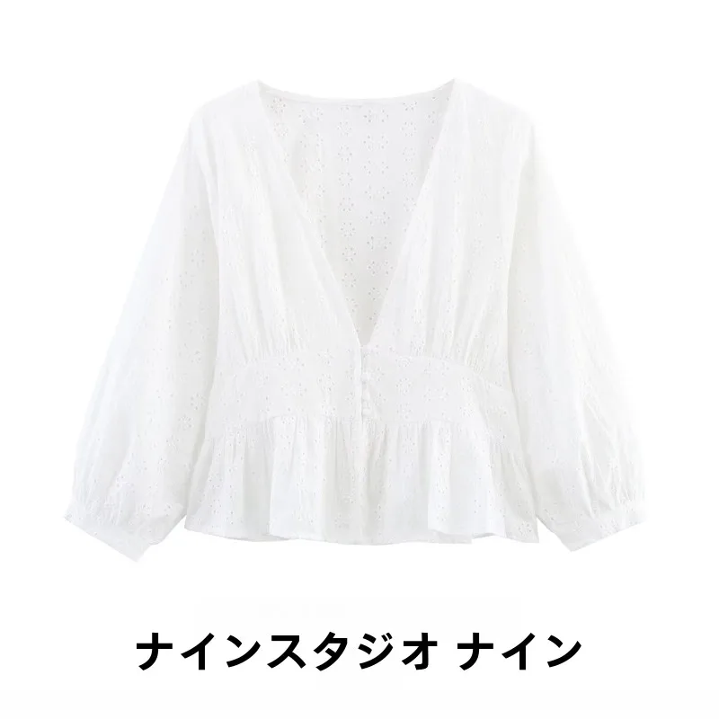 

NINE ZA Women's Embroidered Hollow V-ne ort irt Lantern Sve Cotton Long Sve UV Protection Regular Length Top