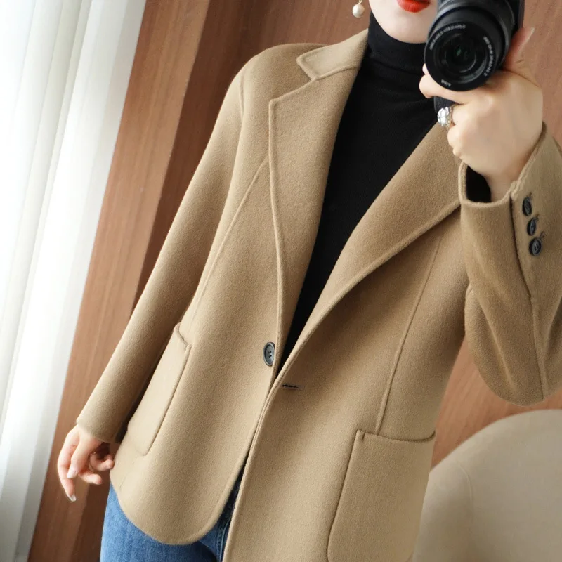 Double-sided cashmere coat high-end women's short suit camel wool double-sided slim-fitting small woolen coat