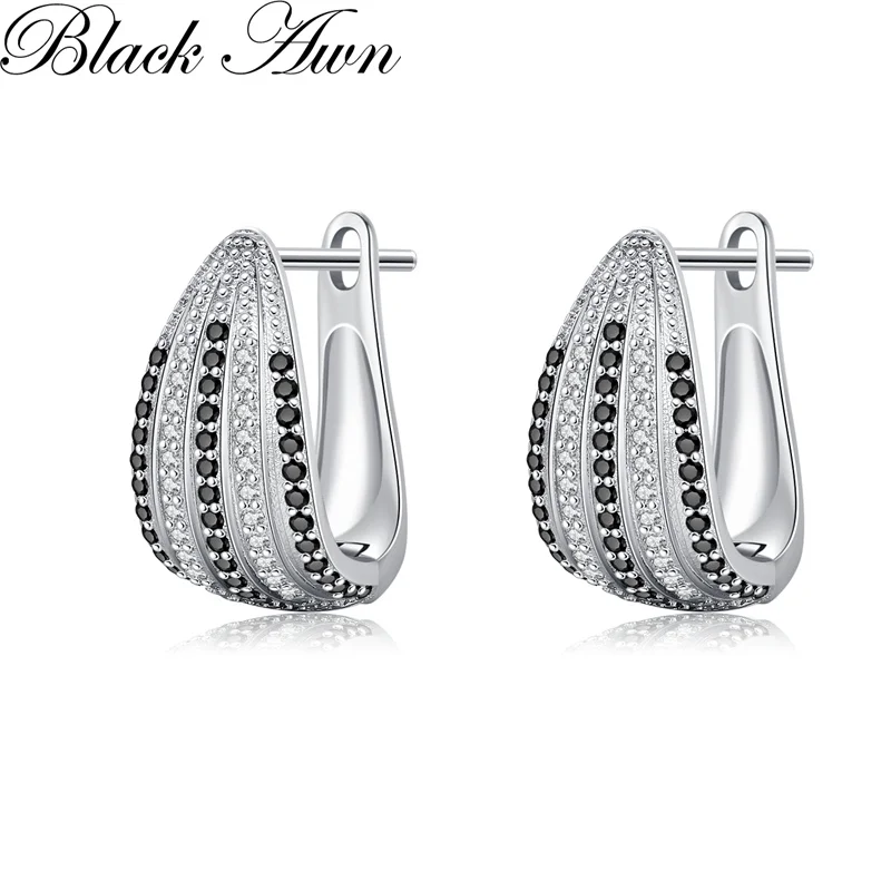 

Black Awn Classic Silver Color Round Black Trendy Spinel Engagement Hoop Earrings for Women Jewelry Bijoux I307