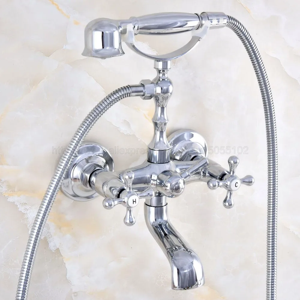 

Wall Mounted Bathtub Faucet Polished Chrome Tub Sink Faucet Telephone Style Bathroom Bath Shower Set with Handshower ztf860