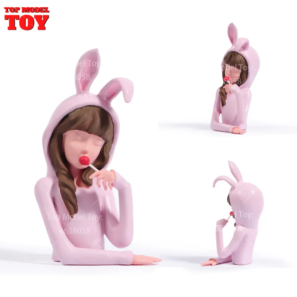 Painted Miniatures 1/18 The Rabbit Girl Eating Lollipops Animal Female Scene Figure Doll Unpainted Model For Car Vehicles Toy