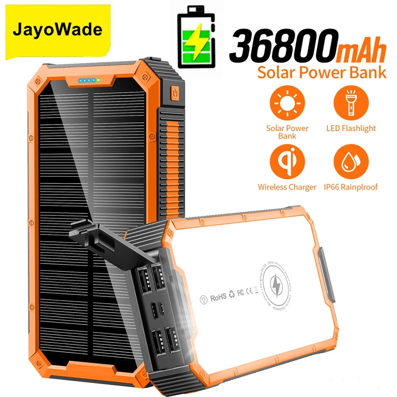 

JayoWade New Flashlight olar Power Bank 36800mAh Waterproof Wireless Charger Powerbank for iPhone External Spare Outdoor Battery