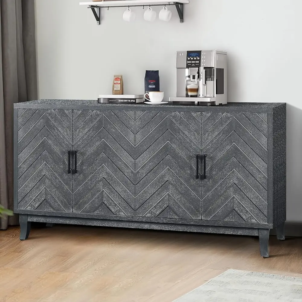 

60"" Vintage 4-Doors Storage Sideboard, Buffet Cabinet W/Adjustable Shelves & Pattern Door, Wooden Coffee Bar-Cabinet Console